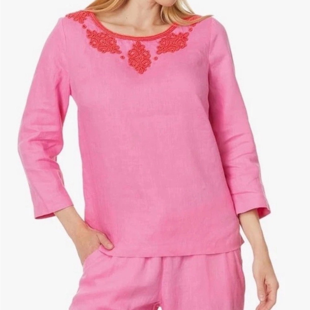 Lilly Pulitzer Pink and Red Elyn beaded 100% Linen top size 6